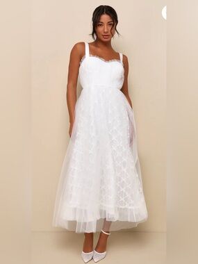 Lulus Women’s White Tulle Ruffle Sweetheart A-Line Midi Dress Size XS #2261456